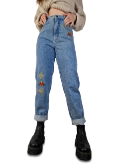 Vintage Designer Mom Jeans Bestickt High Waist Light Washed Denim Deadstock 36