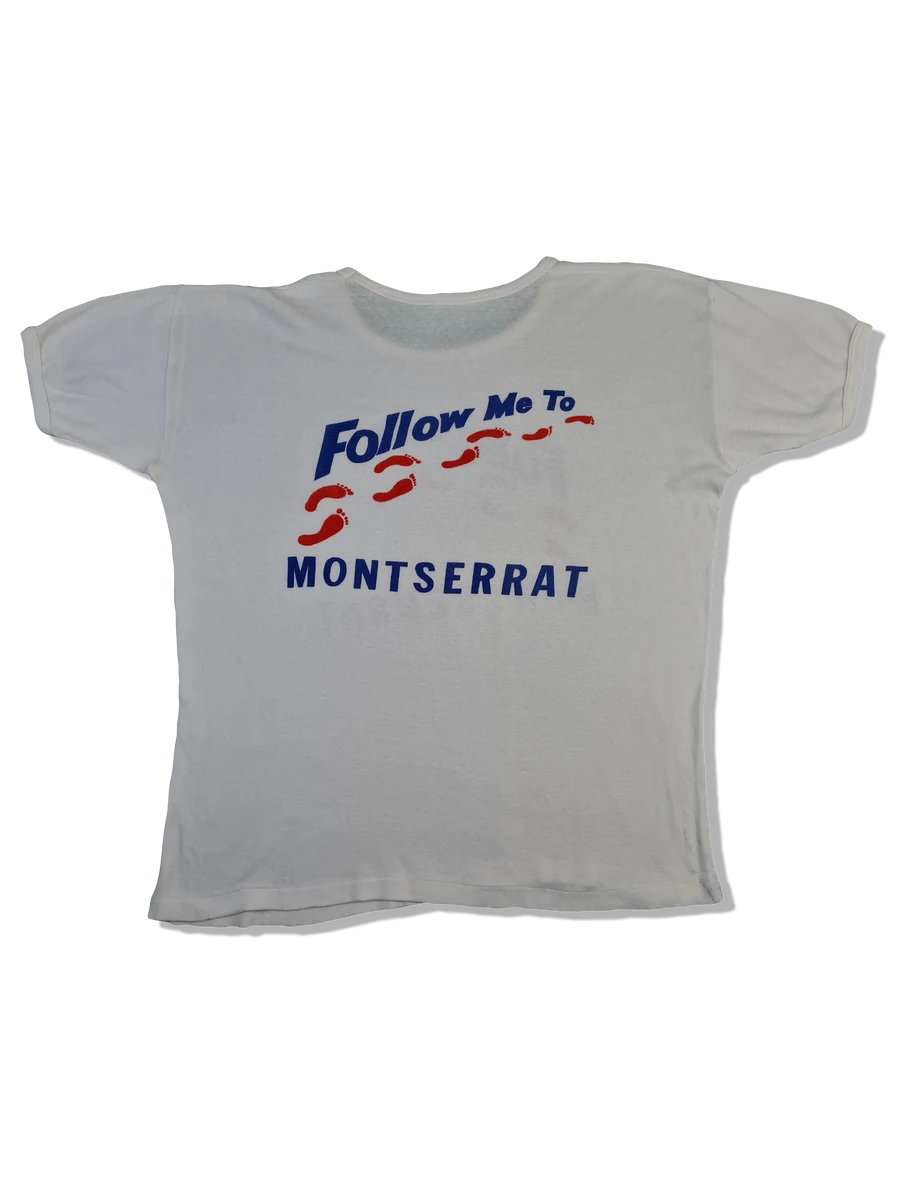 Vintage Tourist Shirt 80s "Follow Me To Montserrat" Karibik Single Stitched Bedruckt Weiß M-L 3 Vintage Tourist Shirt 80s "Follow Me To Montserrat" Karibik Single Stitched Bedruckt Weiß M-L