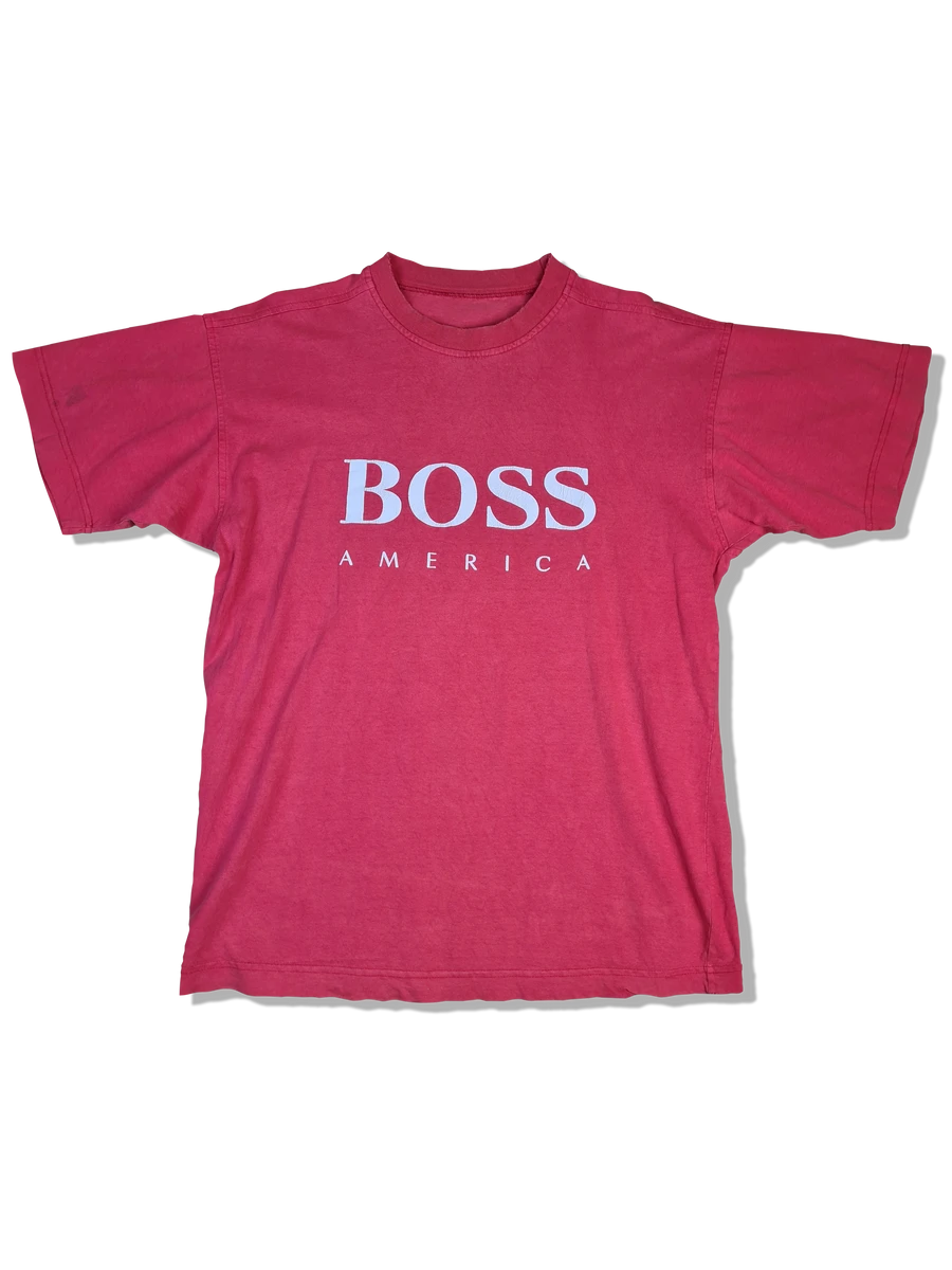 Vintage Hugo Boss Shirt Bootleg America Big Logo Rot M-L 3 Vintage Hugo Boss Shirt Bootleg America Big Logo Rot M-L